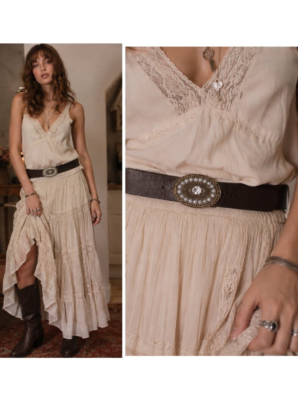 Vintage Boho Brown Leather Belt with Embellished Rhinestone Medallion Buckle L